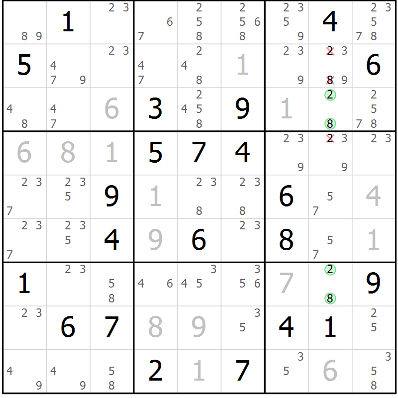 Position des candidats pour la solution de la Gr 15 page 18 du magazine de sudoku Virtuose n° 118