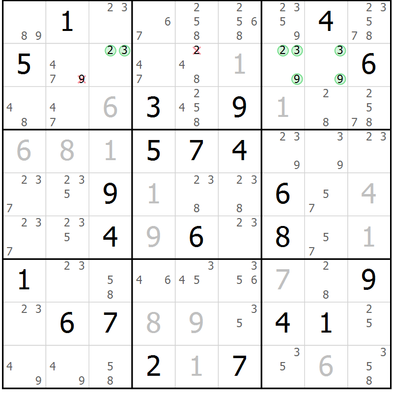 Position des candidats pour la solution de la Gr 15 page 18 du magazine de sudoku Virtuose n° 118