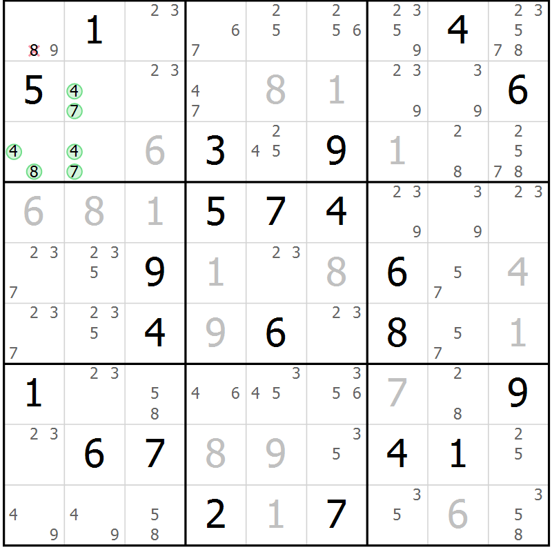 Position des candidats pour la solution de la Gr 15 page 18 du magazine de sudoku Virtuose n° 118