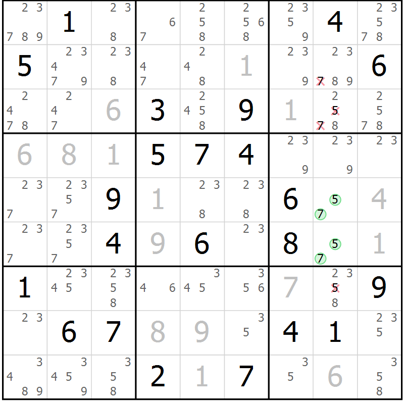 Position des candidats pour la solution de la Gr 15 page 18 du magazine de sudoku Virtuose n° 118