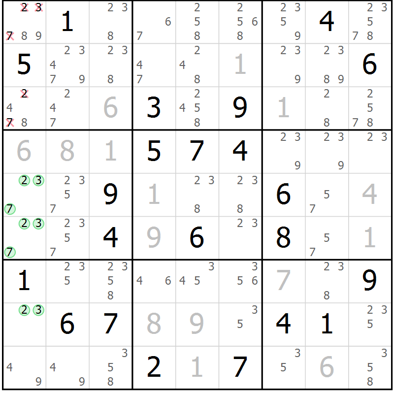 Position des candidats pour la solution de la Gr 15 page 18 du magazine de sudoku Virtuose n° 118