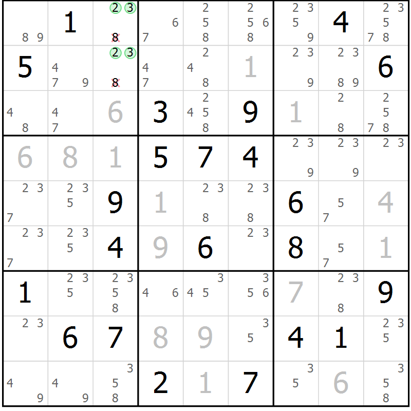 Position des candidats pour la solution de la Gr 15 page 18 du magazine de sudoku Virtuose n° 118