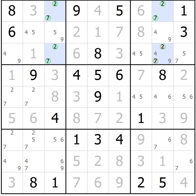 Position des candidats pour la solution de la Gr 16 page 19 du magazine de sudoku Virtuose n° 118