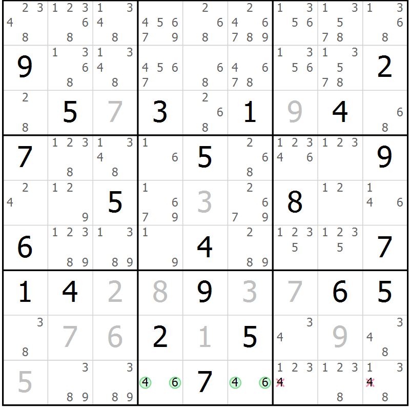 Position des candidats pour la solution de la Gr 18 page 21 du magazine de sudoku Virtuose n° 118