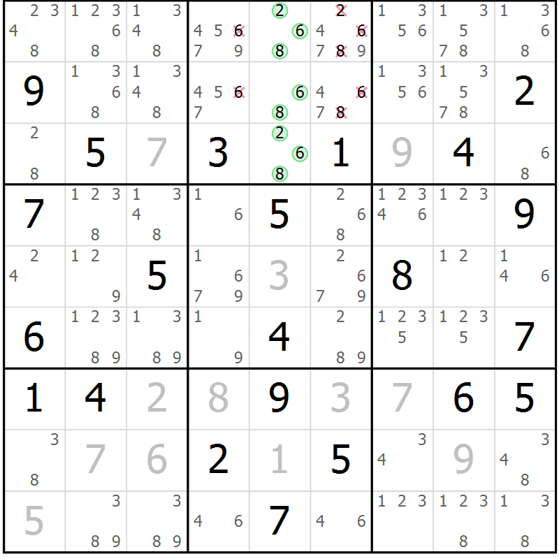 Position des candidats pour la solution de la Gr 18 page 21 du magazine de sudoku Virtuose n° 118