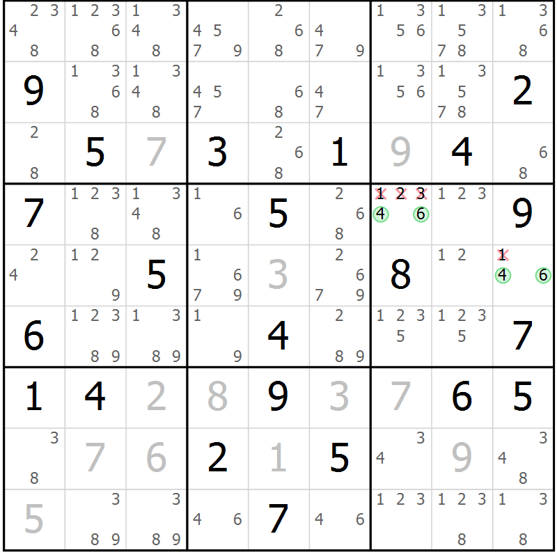 Position des candidats pour la solution de la Gr 18 page 21 du magazine de sudoku Virtuose n° 118