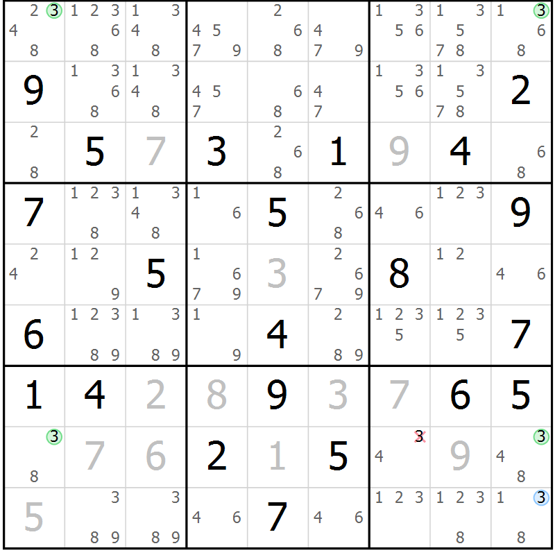 Position des candidats pour la solution de la Gr 18 page 21 du magazine de sudoku Virtuose n° 118