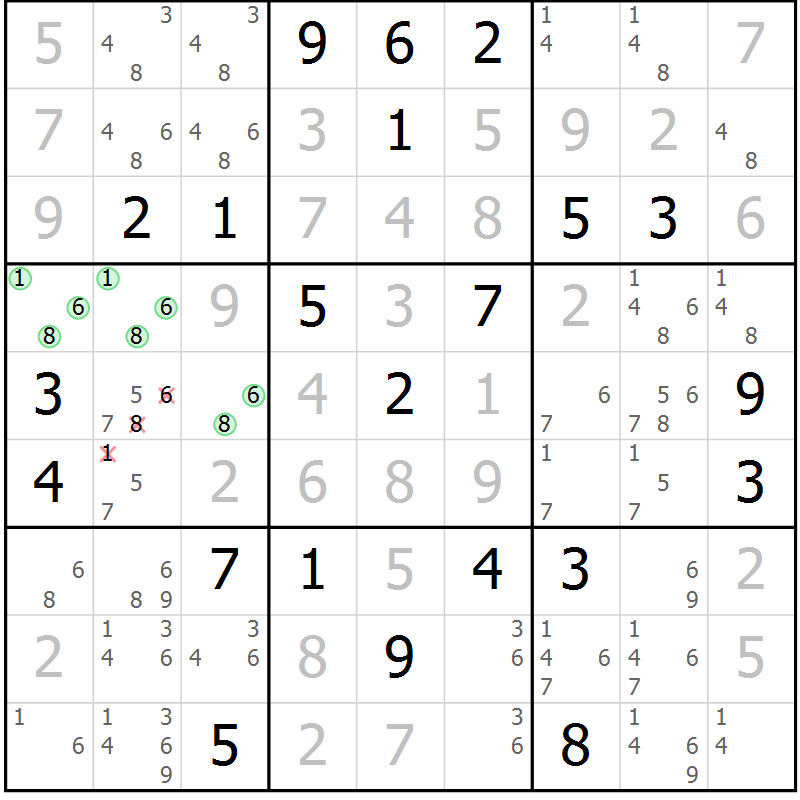 Position des candidats pour la solution de la Gr 2 page 5 du magazine de sudoku Virtuose n° 118