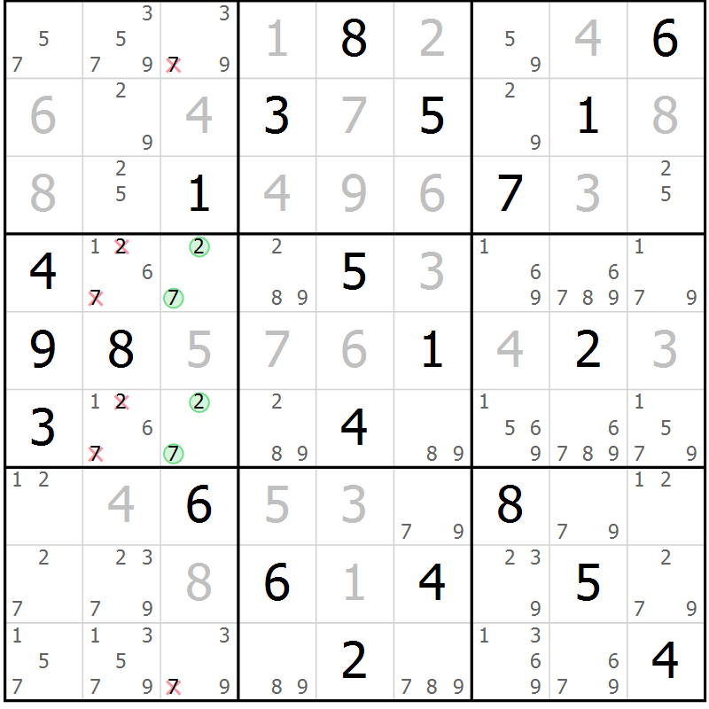 Position des candidats pour la solution de la Gr 22 page 25 du magazine de sudoku Virtuose n° 118