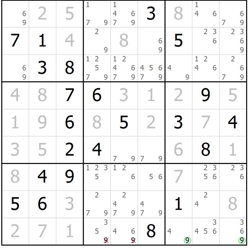 Position des candidats pour la solution de la Gr 25 page 28 du magazine de sudoku Virtuose n° 118