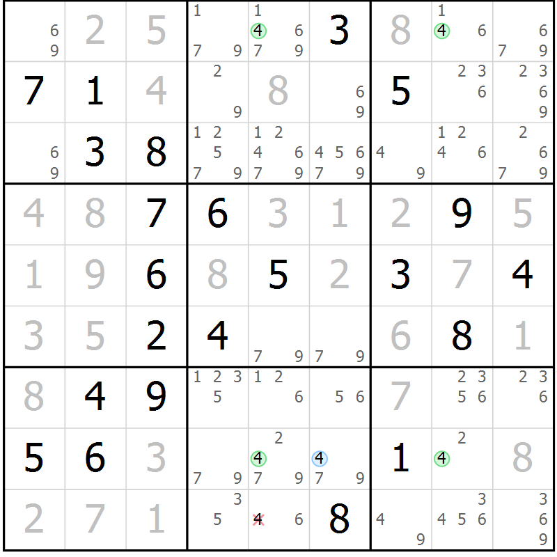 Position des candidats pour la solution de la Gr 25 page 28 du magazine de sudoku Virtuose n° 118