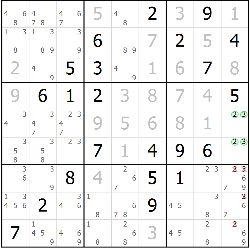 Position des candidats pour la solution de la Gr 26 page 29 du magazine de sudoku Virtuose n° 118