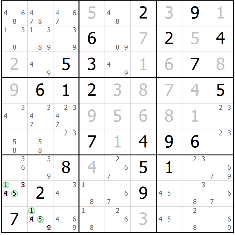 Position des candidats pour la solution de la Gr 26 page 29 du magazine de sudoku Virtuose n° 118