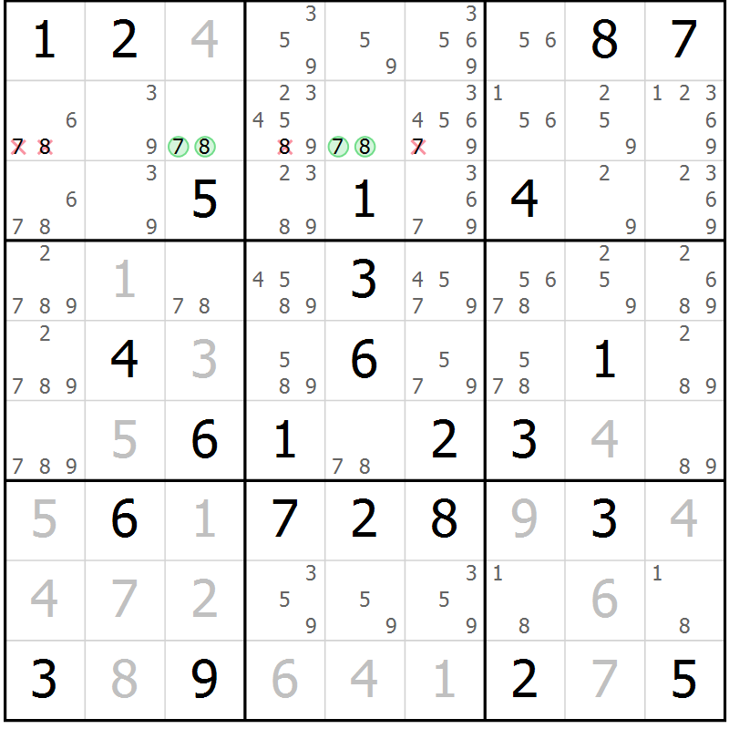Position des candidats pour la solution de la Gr 28 page 31 du magazine de sudoku Virtuose n° 118