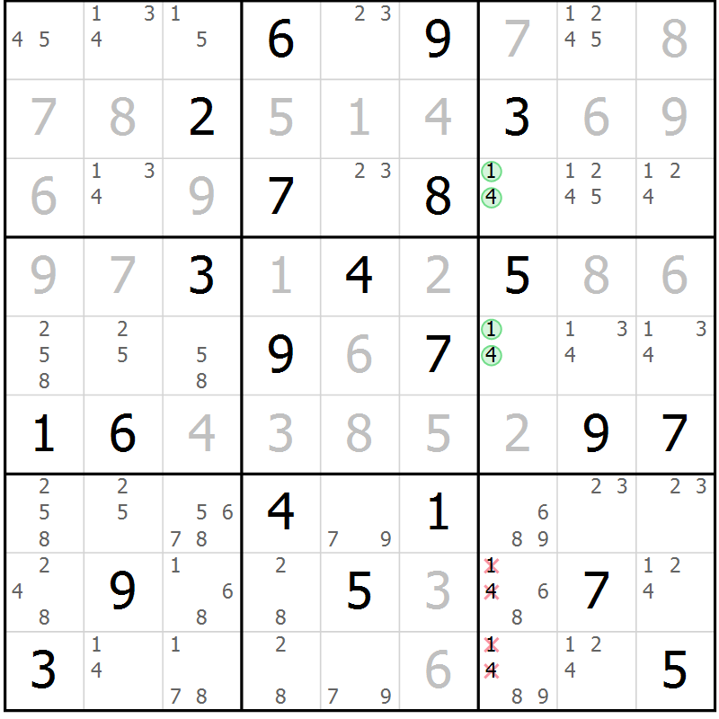 Position des candidats pour la solution de la Gr 3 page 6 du magazine de sudoku Virtuose n° 118