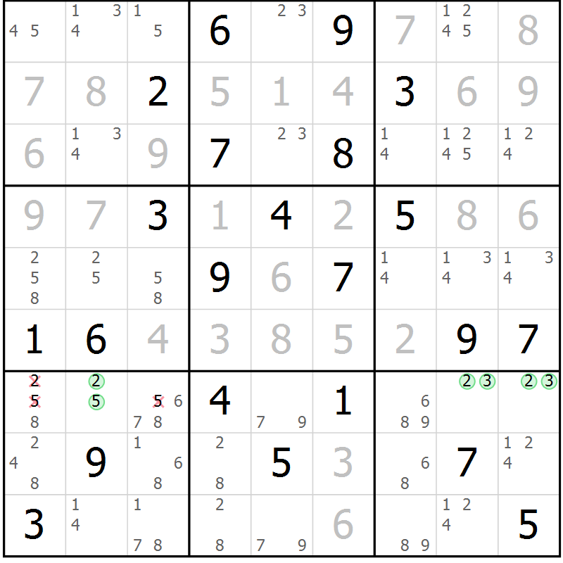 Position des candidats pour la solution de la Gr 3 page 6 du magazine de sudoku Virtuose n° 118