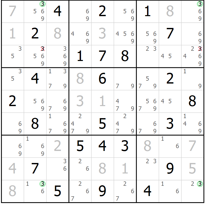 Position des candidats pour la solution de la Gr 30 page 33 du magazine de sudoku Virtuose n° 118