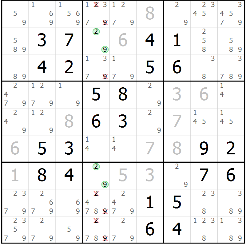 Position des candidats pour la solution de la Gr 33 page 36 du magazine de sudoku Virtuose n° 118