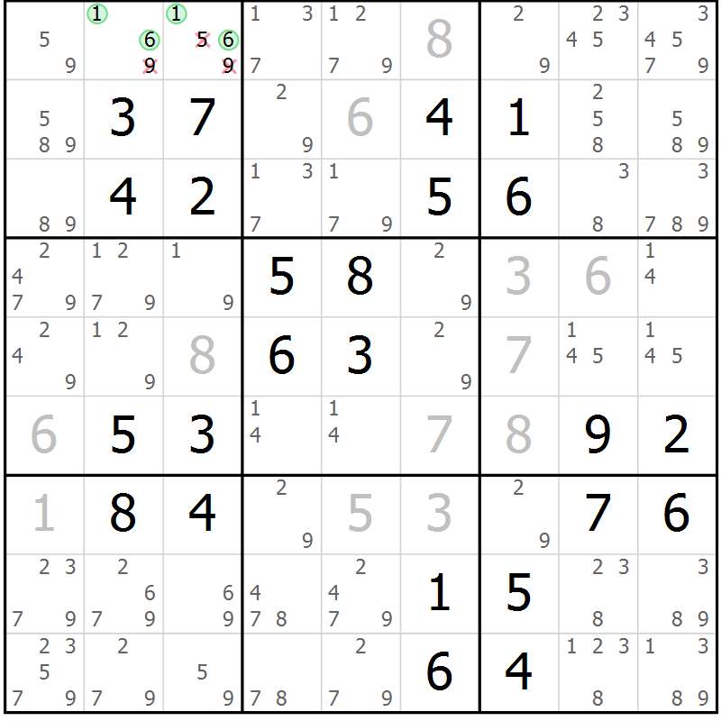 Position des candidats pour la solution de la Gr 33 page 36 du magazine de sudoku Virtuose n° 118