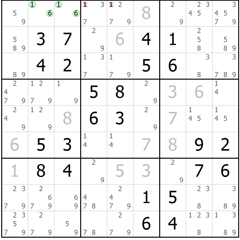 Position des candidats pour la solution de la Gr 33 page 36 du magazine de sudoku Virtuose n° 118