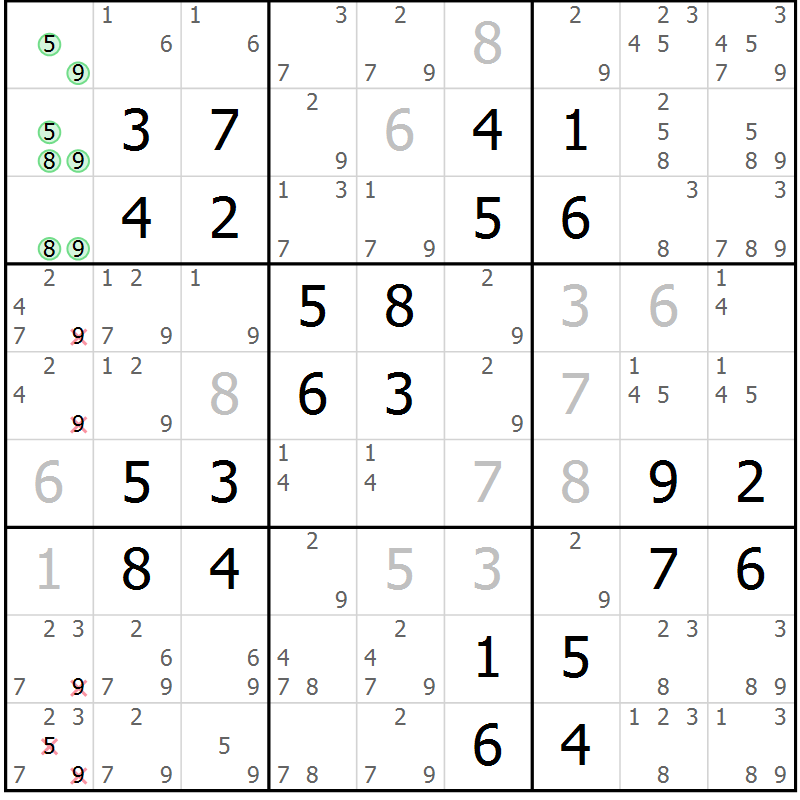 Position des candidats pour la solution de la Gr 33 page 36 du magazine de sudoku Virtuose n° 118