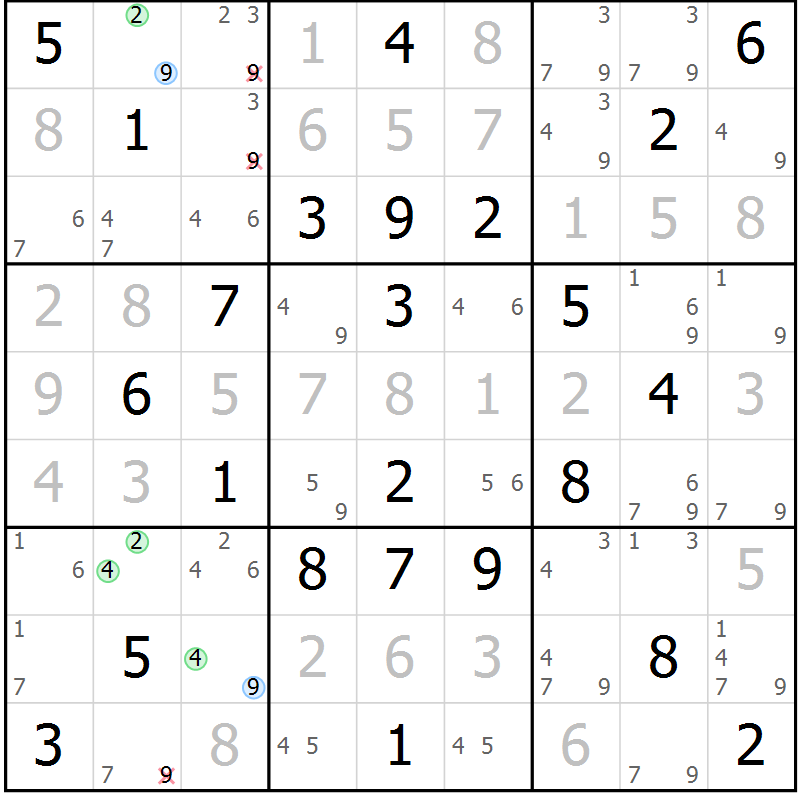 Position des candidats pour la solution de la Gr 36 page 39 du magazine de sudoku Virtuose n° 118