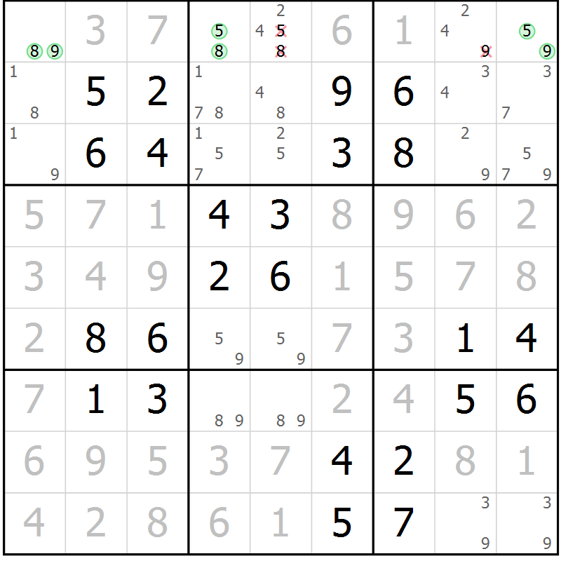 Position des candidats pour la solution de la Gr 39 page 42 du magazine de sudoku Virtuose n° 118