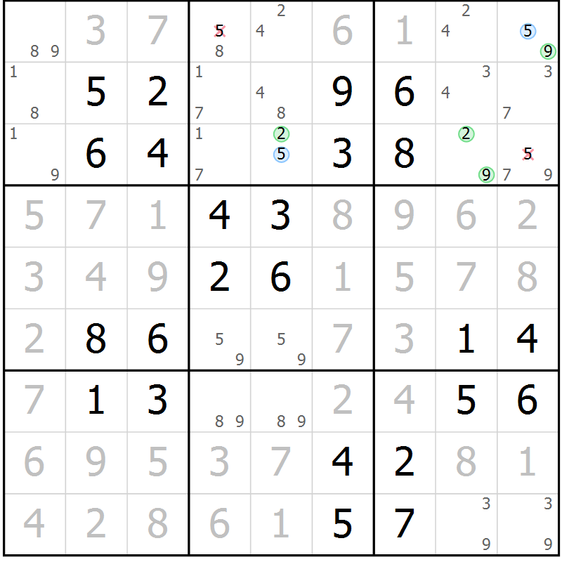 Position des candidats pour la solution de la Gr 39 page 42 du magazine de sudoku Virtuose n° 118