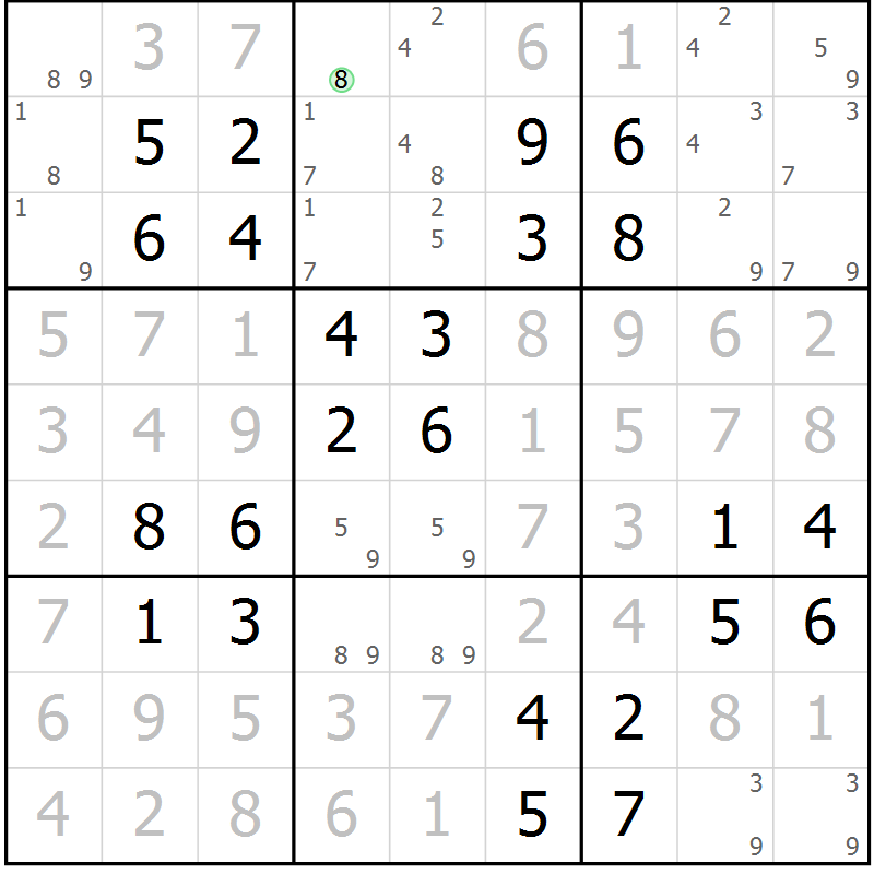Position des candidats pour la solution de la Gr 39 page 42 du magazine de sudoku Virtuose n° 118