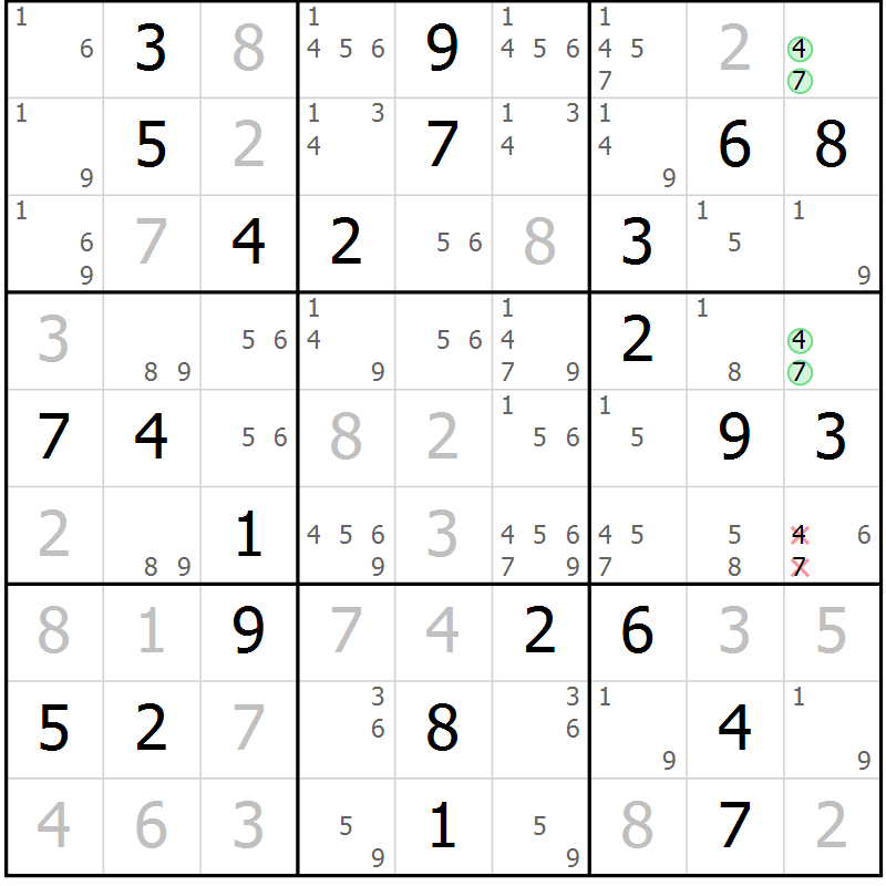 Position des candidats pour la solution de la Gr 40 page 43 du magazine de sudoku Virtuose n° 118