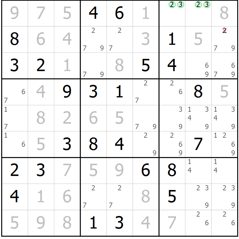 Position des candidats pour la solution de la Gr 42 page 45 du magazine de sudoku Virtuose n° 118