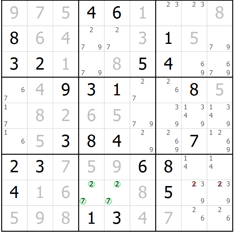 Position des candidats pour la solution de la Gr 42 page 45 du magazine de sudoku Virtuose n° 118