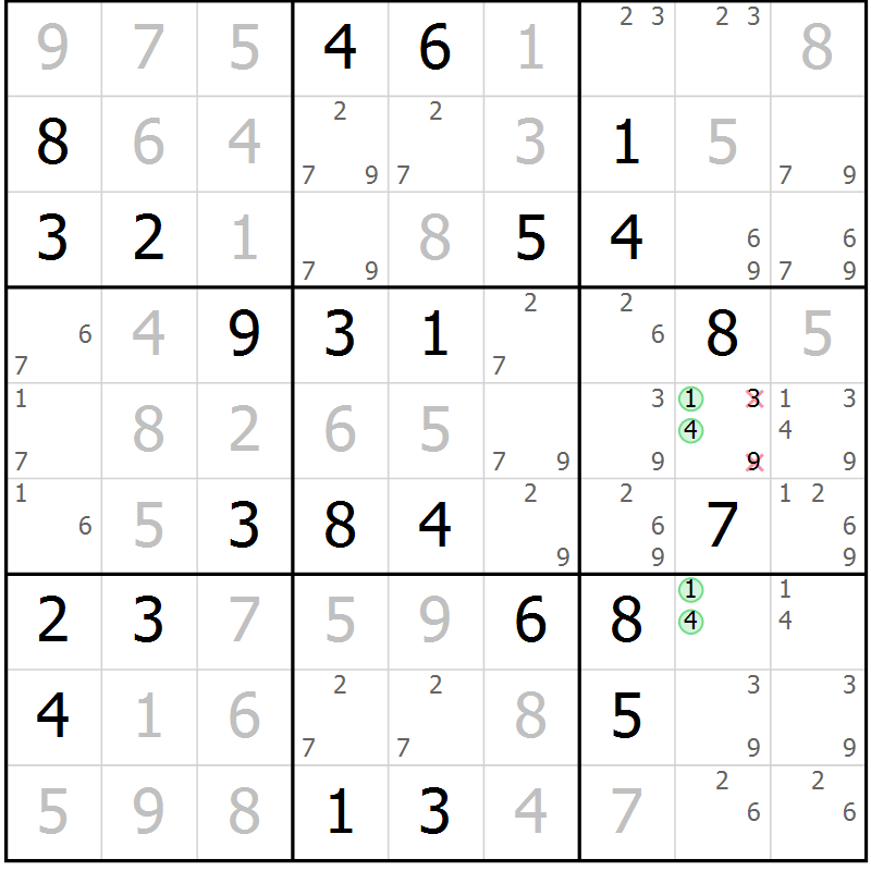 Position des candidats pour la solution de la Gr 42 page 45 du magazine de sudoku Virtuose n° 118