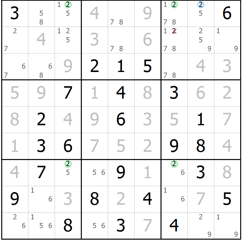 Position des candidats pour la solution de la Gr 43 page 46 du magazine de sudoku Virtuose n° 118
