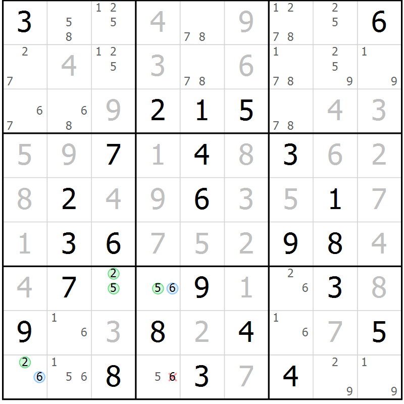 Position des candidats pour la solution de la Gr 43 page 46 du magazine de sudoku Virtuose n° 118