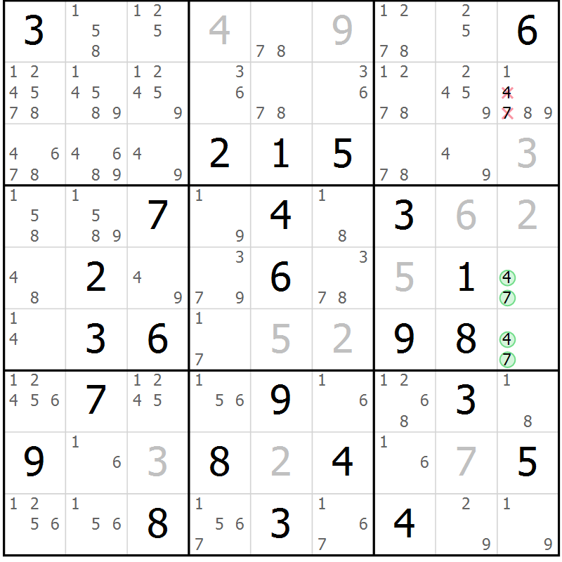 Position des candidats pour la solution de la Gr 43 page 46 du magazine de sudoku Virtuose n° 118
