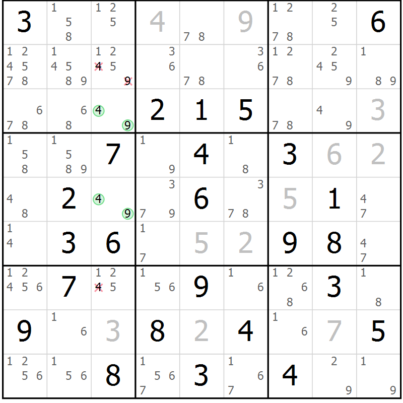 Position des candidats pour la solution de la Gr 43 page 46 du magazine de sudoku Virtuose n° 118