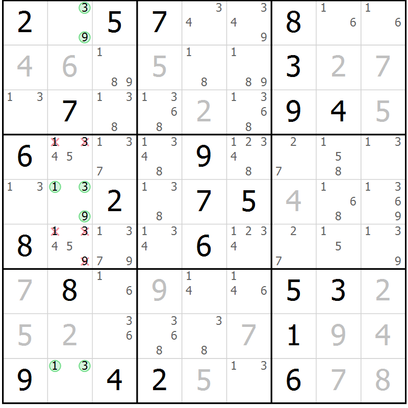 Position des candidats pour la solution de la Gr 44 page 47 du magazine de sudoku Virtuose n° 118