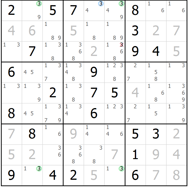 Position des candidats pour la solution de la Gr 44 page 47 du magazine de sudoku Virtuose n° 118