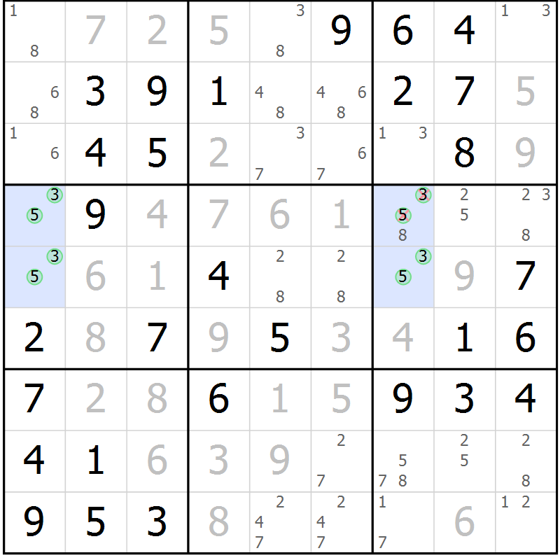 Position des candidats pour la solution de la Gr 45 page 48 du magazine de sudoku Virtuose n° 118