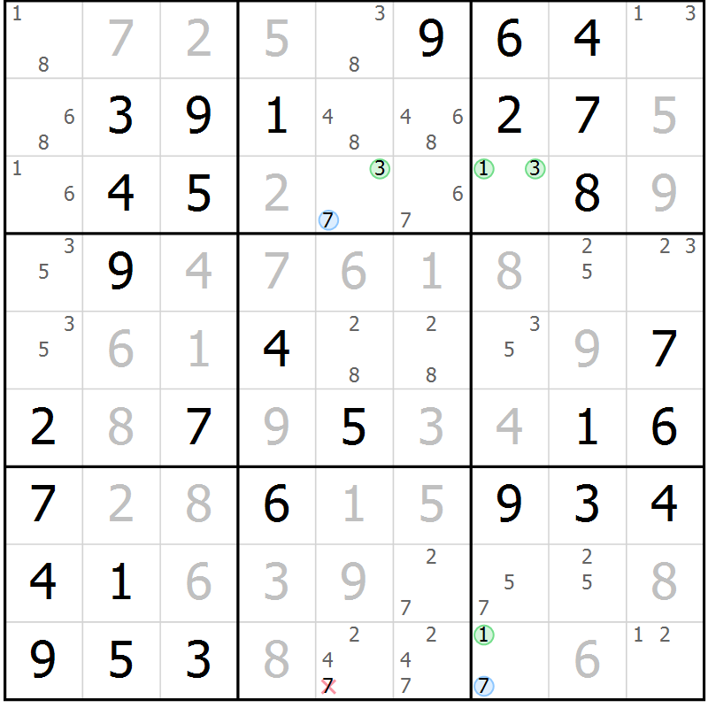 Position des candidats pour la solution de la Gr 45 page 48 du magazine de sudoku Virtuose n° 118