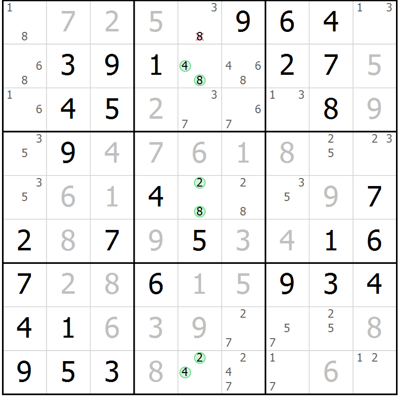 Position des candidats pour la solution de la Gr 45 page 48 du magazine de sudoku Virtuose n° 118