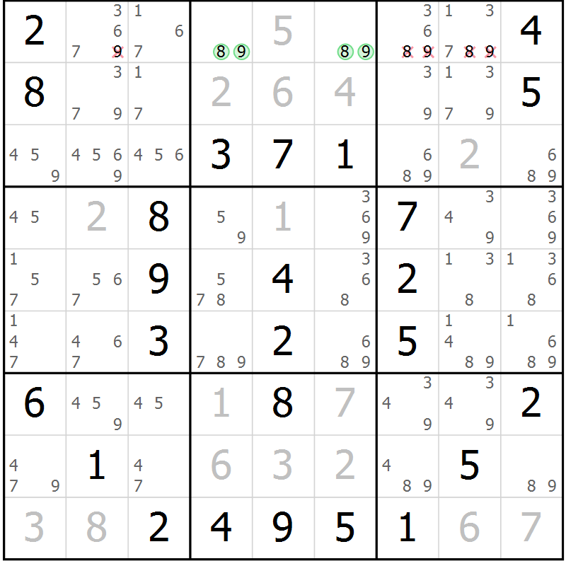 Position des candidats pour la solution de la Gr 46 page 49 du magazine de sudoku Virtuose n° 118