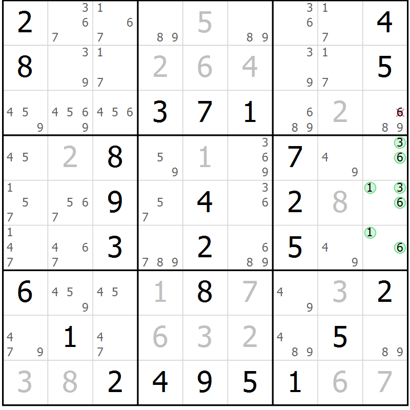 Position des candidats pour la solution de la Gr 46 page 49 du magazine de sudoku Virtuose n° 118