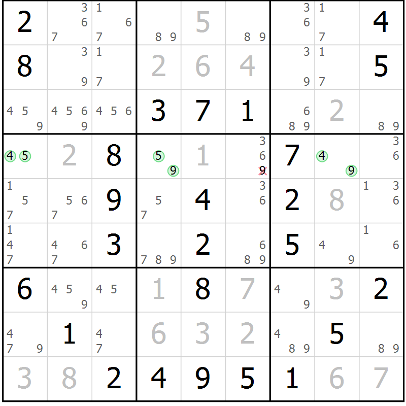 Position des candidats pour la solution de la Gr 46 page 49 du magazine de sudoku Virtuose n° 118