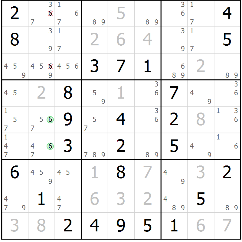 Position des candidats pour la solution de la Gr 46 page 49 du magazine de sudoku Virtuose n° 118