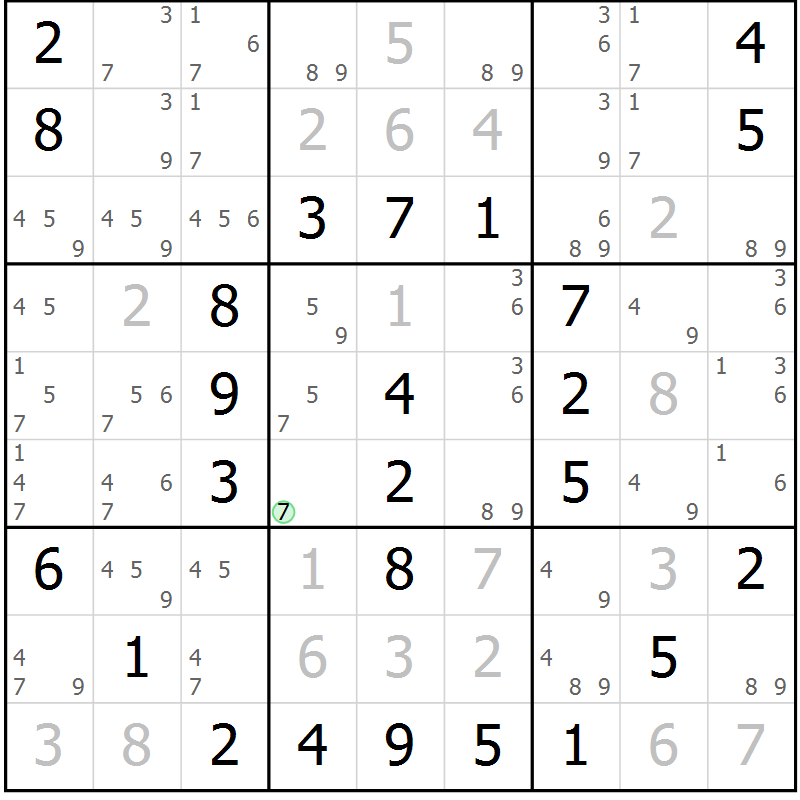 Position des candidats pour la solution de la Gr 46 page 49 du magazine de sudoku Virtuose n° 118