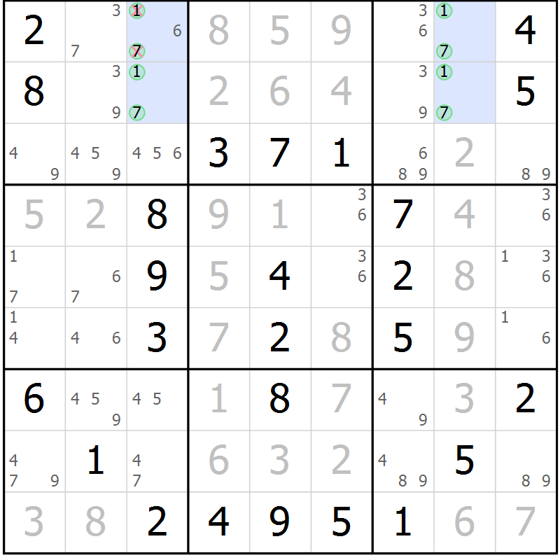 Position des candidats pour la solution de la Gr 46 page 49 du magazine de sudoku Virtuose n° 118