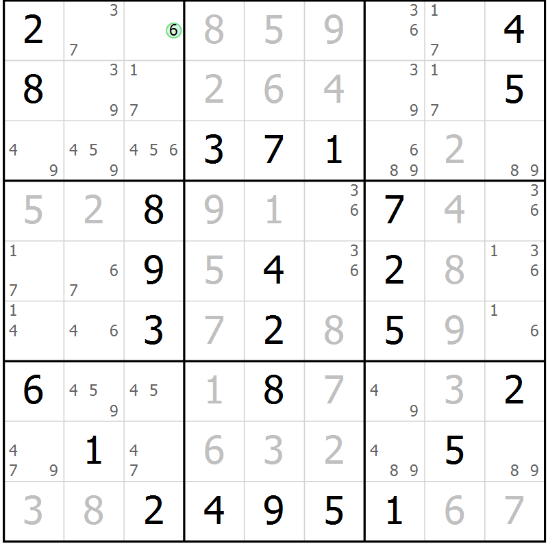 Position des candidats pour la solution de la Gr 46 page 49 du magazine de sudoku Virtuose n° 118