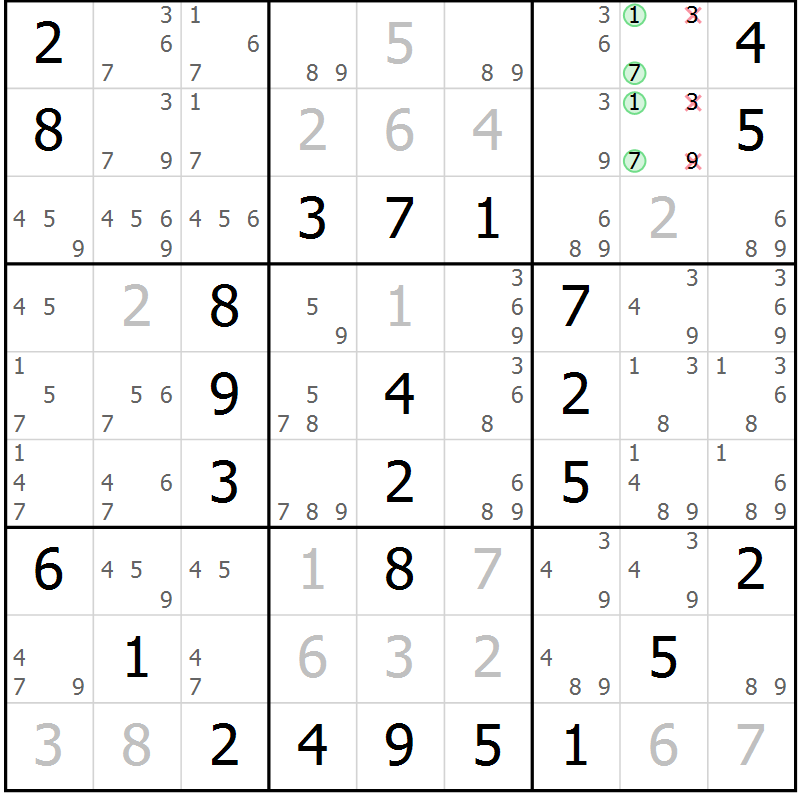 Position des candidats pour la solution de la Gr 46 page 49 du magazine de sudoku Virtuose n° 118